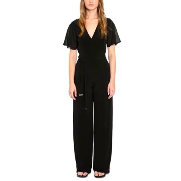 Michael Kors Wide Leg Jumpsuit Belted V-Neck Stretch Black Size L NWT $135.00 - Picture 13 of 13